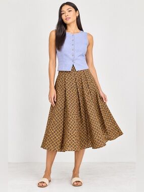 TULIP B | Women’s A-Line Midi Skirt in Mustard Geometric Print